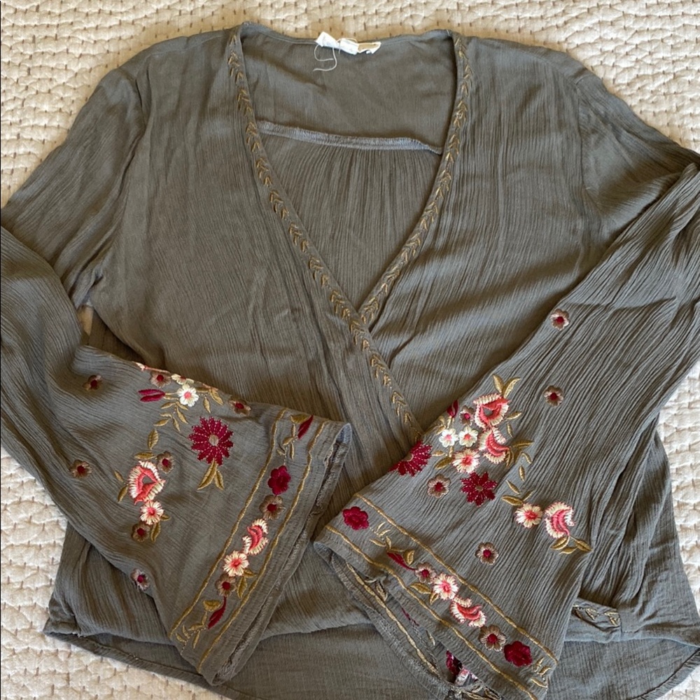 Lovestitch Embroidered Olive Green Boho Top with Bell sleeves Gauze Size L